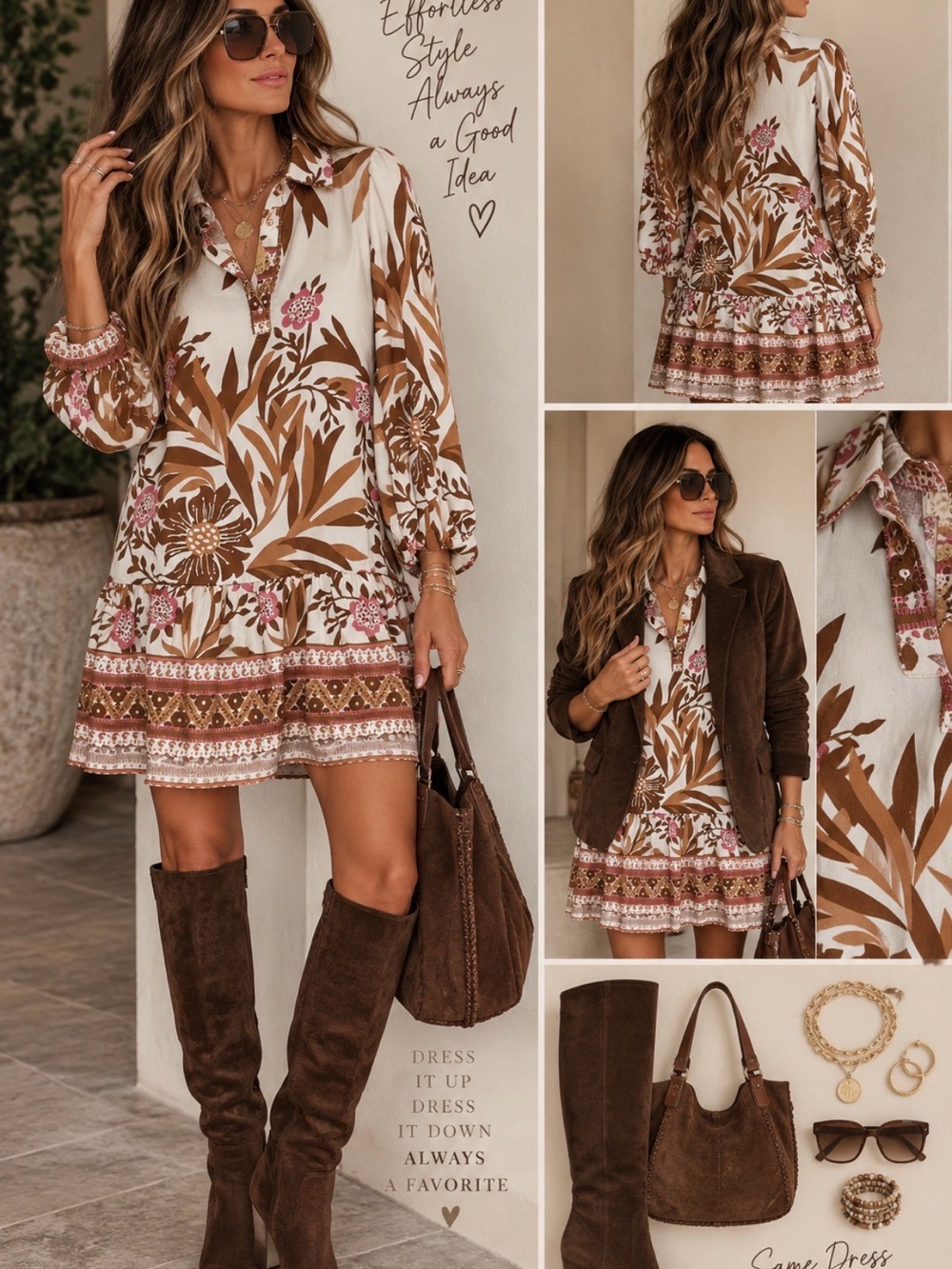 Jodifl Floral Boho Shift Dress in Brown & Cream
